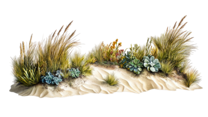 Peaceful existence of sand dunes with smooth golden curves under soft sunlight in tranquil desert landscape, isolated on white background