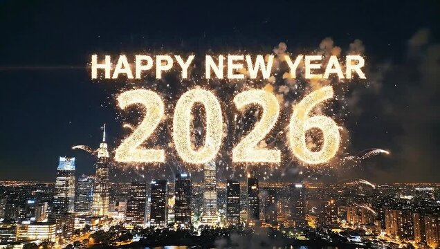 Happy New Year 2026 fireworks over city skyline at night