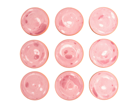 Nine round slices of pink ham arranged in a three-by-three grid