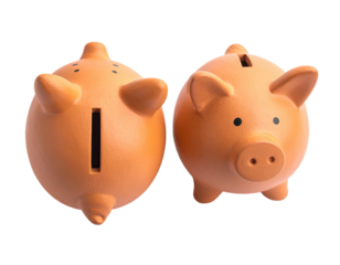 Two terracotta-colored piggy banks face front/back with slot