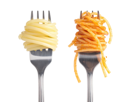 Two forks piled high with pasta, one plain, one with sauce