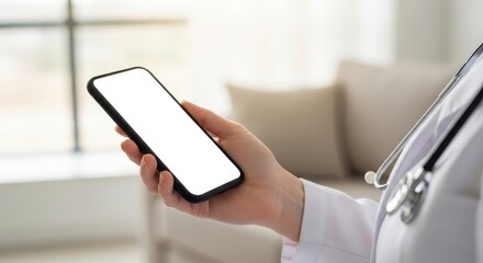 Doctor using smartphone with blank screen for medical app advertisement