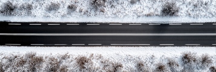 Winter Road With White Lines Stretches Through Snowy Landscape Captured From Above