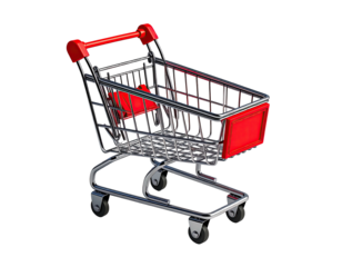 Miniature shopping cart, metal frame with red handle and accents