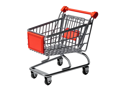 Chrome shopping cart with red accents, isolated on black