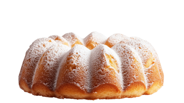 Traditional Gugelhupf cake with golden brown crust and soft texture showing baked ring shape dessert, isolated on white background