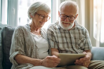 Senior couple sharing a moment with technology on the couch