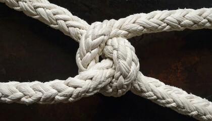 Fototapeta premium Close-up of a tightly woven knot made of thick, white rope, intersecting against a dark, textured background
