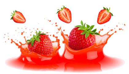 Pair of Strawberry Juice Splash Variations isolated on transparent background