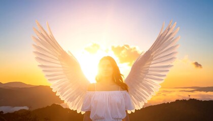 A person with large white wings is silhouetted against a bright, warm sunset. The person is smiling and centered, arms open