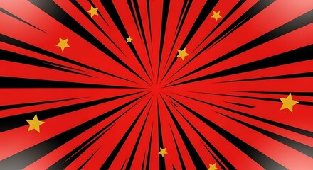 Red and black starburst background with gold stars, a festive design