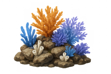 Coral reef composition featuring colorful corals and tube sponges growing on underwater rocks, transparent background