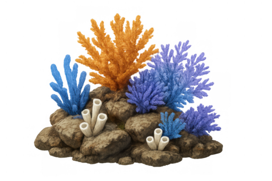 Coral reef composition featuring colorful corals and tube sponges growing on underwater rocks, transparent background