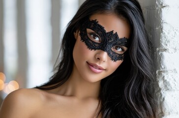 a close-up portrait of an elegant woman with long black hair, wearing a delicate lace masquerade mask over her eyes and nose, standing in front of a white wall with soft lighting