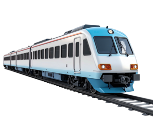 Streamlined passenger train with blue and white accents