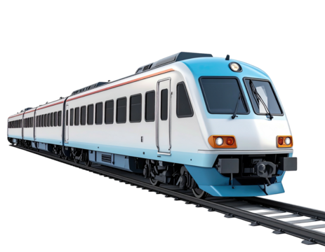 Streamlined passenger train with blue and white accents