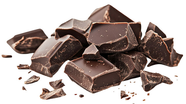 Assorted chocolate pieces with broken chunks and rich texture showing dark and milk varieties together, isolated on white background