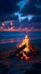 Campfire burning on sandy beach at night, Glowing bonfire flames under starry sky, Cozy campfire with warm orange fire outdoors

