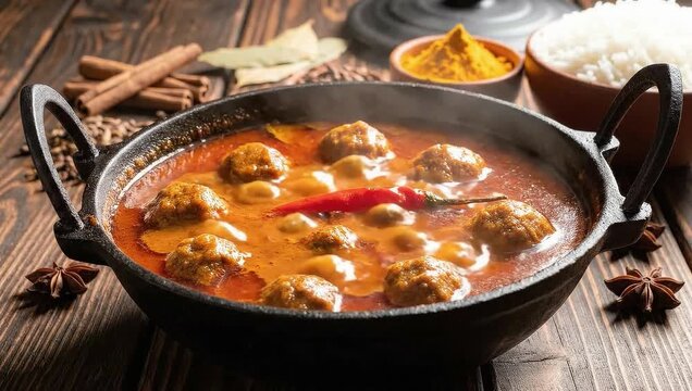 Hearty Meatball Curry with Rice and Spices, Authentic Indian Cuisine Dining Concept on Bright Background