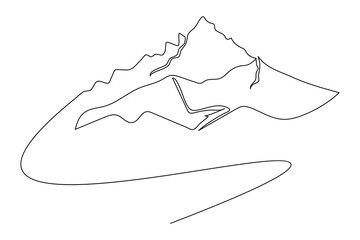 Mountain landscape one line art with pine trees on white background minimalist design