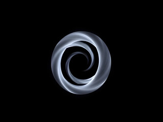 A minimalist abstract swirl of luminous, smoky white rings forming a circular vortex against a stark black background