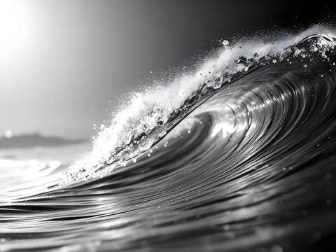 A powerful, curling ocean wave captured in dramatic black and white, with glistening spray at its crest and the sun's glare subtly illuminating the background