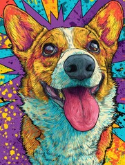 Obraz premium Joyful Corgi With Tongue out Enjoying a Colorful Background Filled With Vibrant Shapes and Patterns