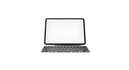 A sleek tablet with a keyboard case, showcasing a blank white screen, perfect for showcasing apps, websites, or digital content, its modern design is ideal for presentations