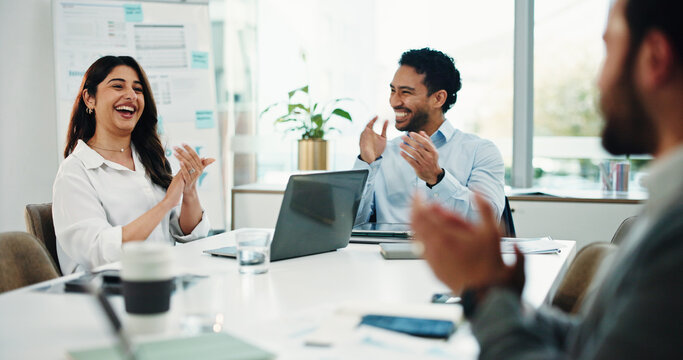 Happy, business people or applause with team, meeting or congratulations for winning or success. Excited, group or employees clapping with laptop for good news or achievement together in workplace