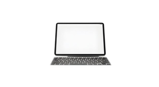 A sleek tablet with a keyboard case, showcasing a blank white screen, perfect for showcasing apps, websites, or digital content, its modern design is ideal for presentations