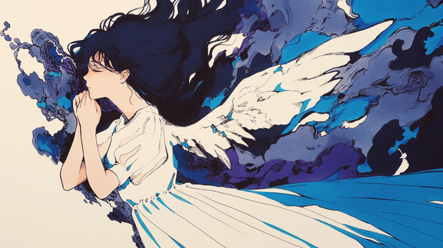 静寂と安らぎに満ちた神秘的な空間を舞う天使｜祈りを捧げる清らかな心を、柔らかな線と淡い色で描いた幻想的な手描き風作品