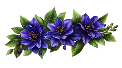 Vibrant digital painting of three blooming purple flowers with delicate petals and natural details, isolated on white background