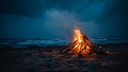 Bonfire by ocean under starry evening sky, Glowing campfire at night beach, Relaxing outdoor fire with orange flames
