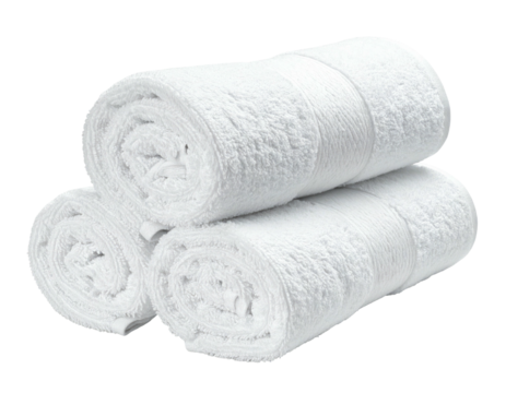 Stack of three fluffy, white rolled towels on black - Powered by Adobe