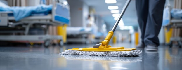 Hospital worker mopping the floor in a clean medical environment  