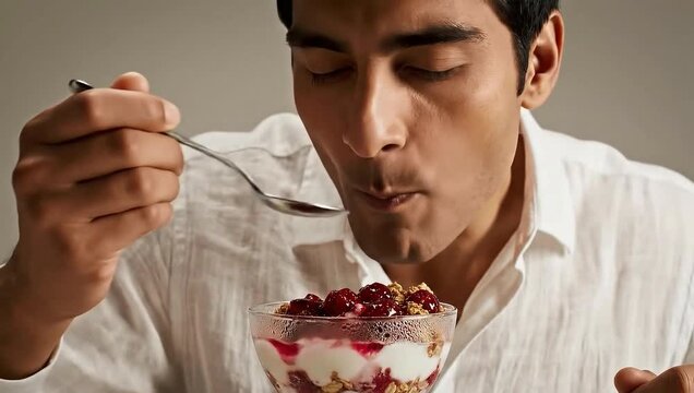 Man Eating Cherry Yogurt Parfait with Granola Using Spoon, Healthy Breakfast or Dessert Concept on Bright Background