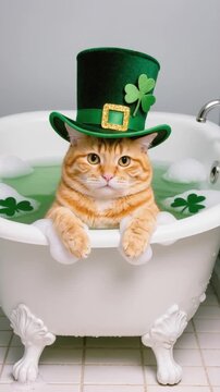 A ginger cat wearing a St. Patrick's hat soaks in a tub of green water while taking a cartoon-style bath