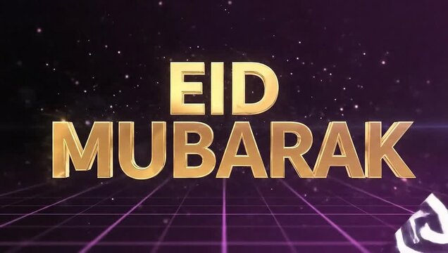 Neon Eid Mubarak Text with Glowing Purple Particles, Islamic Celebration Concept on Dark Background