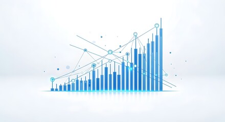 A glowing blue bar graph illustrates financial growth and positive trends in a digital, abstract representation of data analysis