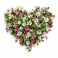 A heart shape made of white and pink flowers with green leaves on a white background isolated view