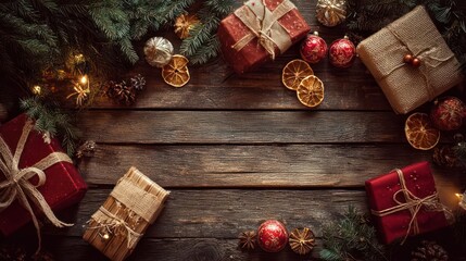 Festive christmas presents and ornaments arranged on a rustic wooden table with evergreen branches and warm lights
