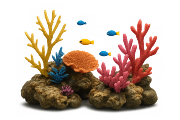 Artificial coral reef diorama presenting colorful marine life including plastic fish and various corals on transparent background