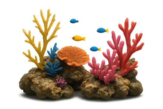 Artificial coral reef diorama presenting colorful marine life including plastic fish and various corals on transparent background