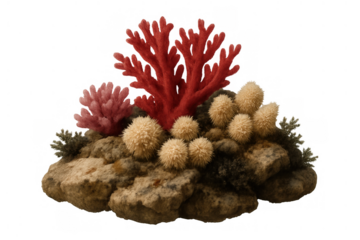 Colorful coral reef scene with sea plants and sponges growing on underwater rock formation, transparent background