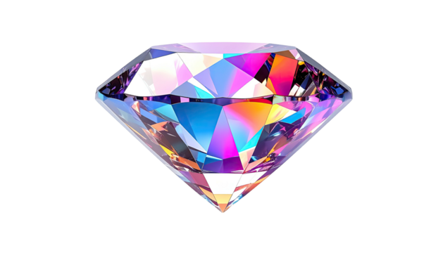 Iridescent diamond, prismatic hues on facets, isolated
