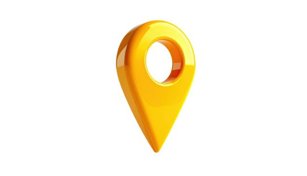 Glossy gold map pin, location icon, against a black backdrop