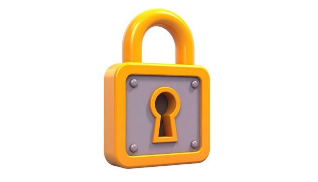 A cartoonish yellow padlock with a grey face