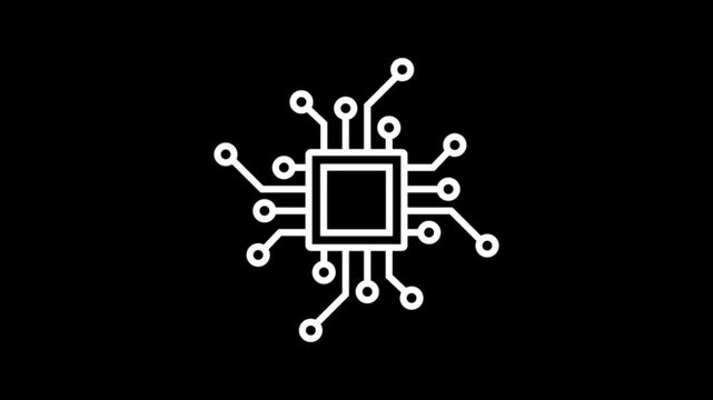 Microchip icon on black background, futuristic circuit board technology concept, digital processor, electronic data system, AI hardware and computer motherboard design illustration
