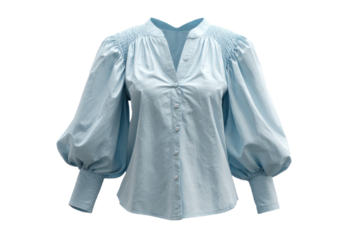 Light blue cotton blouse with smocked shoulders and voluminous balloon sleeves fabric