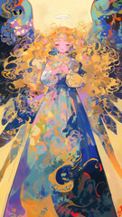 Obraz premium 心を癒すような穏やかな微笑みと、柔らかな色彩で描かれた神聖な天使の幻想イラスト｜空想と祈りをテーマにした手描き風の美しい構図